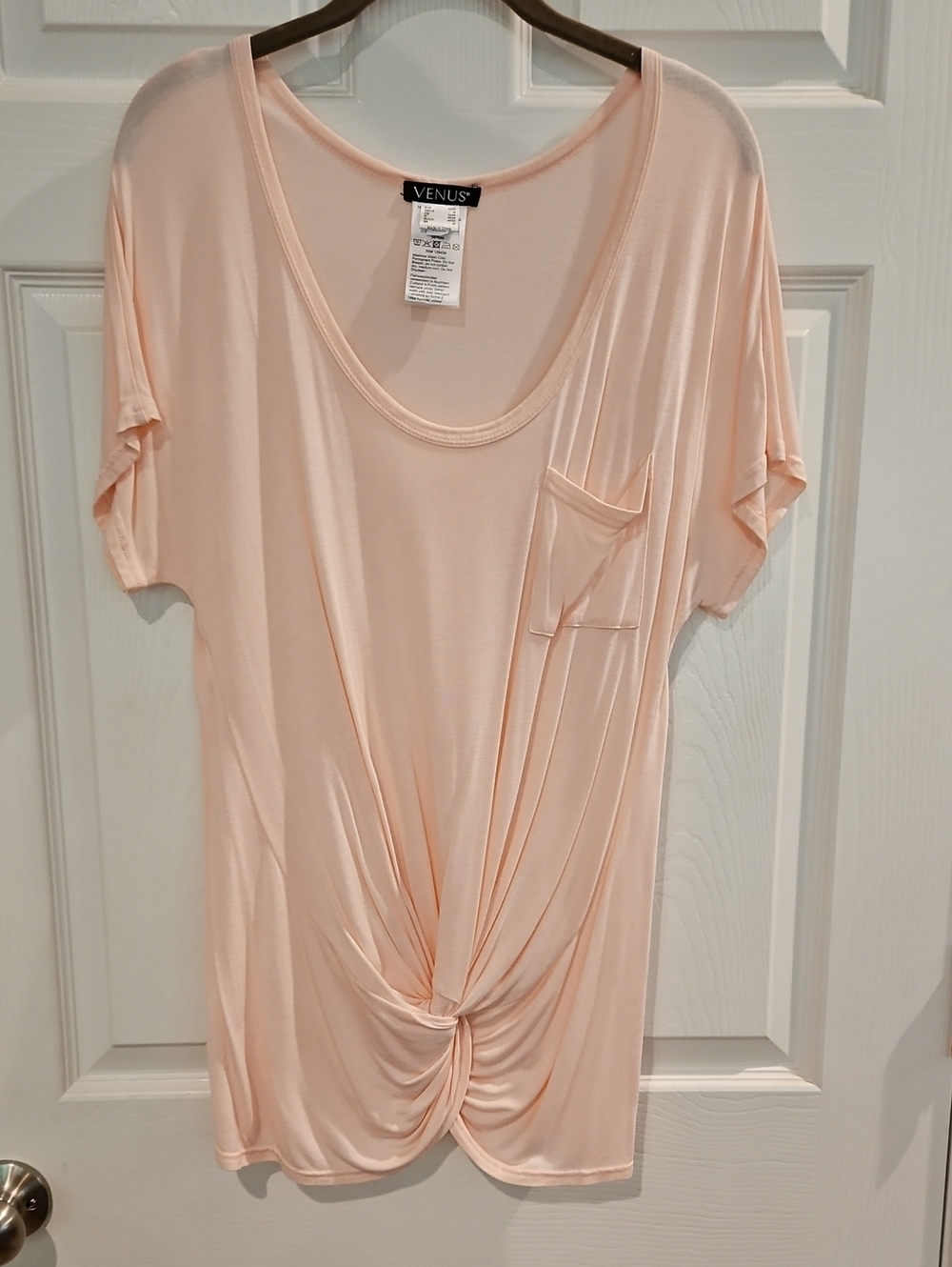 VENUS Light Blush Knot-Front Scoop Neck Short Sleeve Top